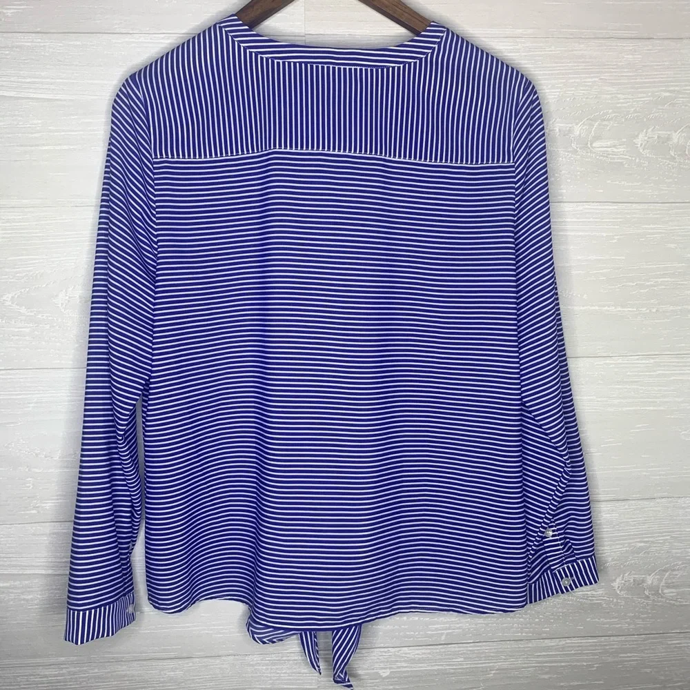 Talbots white and blue stripe tie front top - Picture 2 of 12